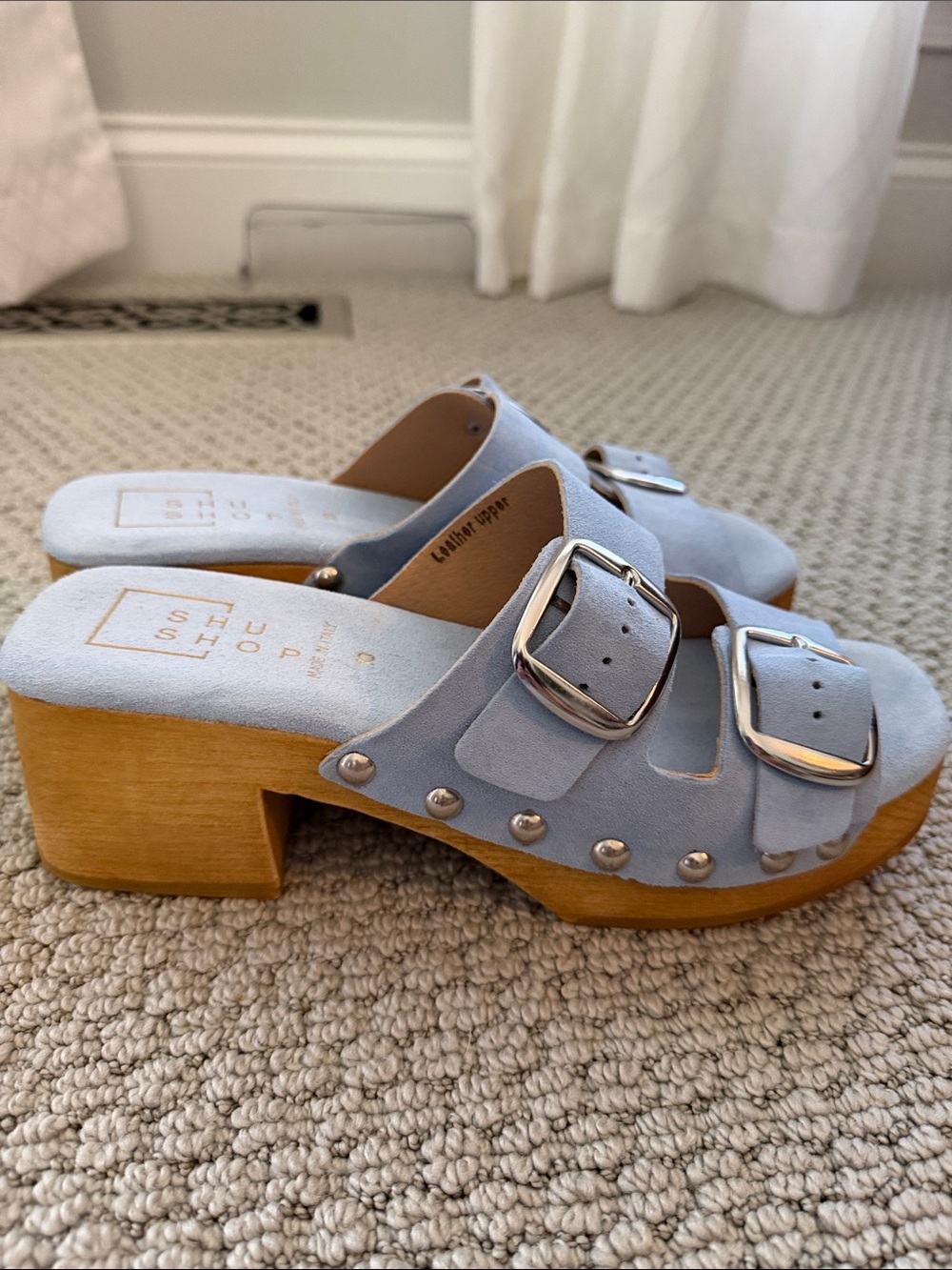 ShuShop Light Blue Suede Slip-On Mule with Tan Trim